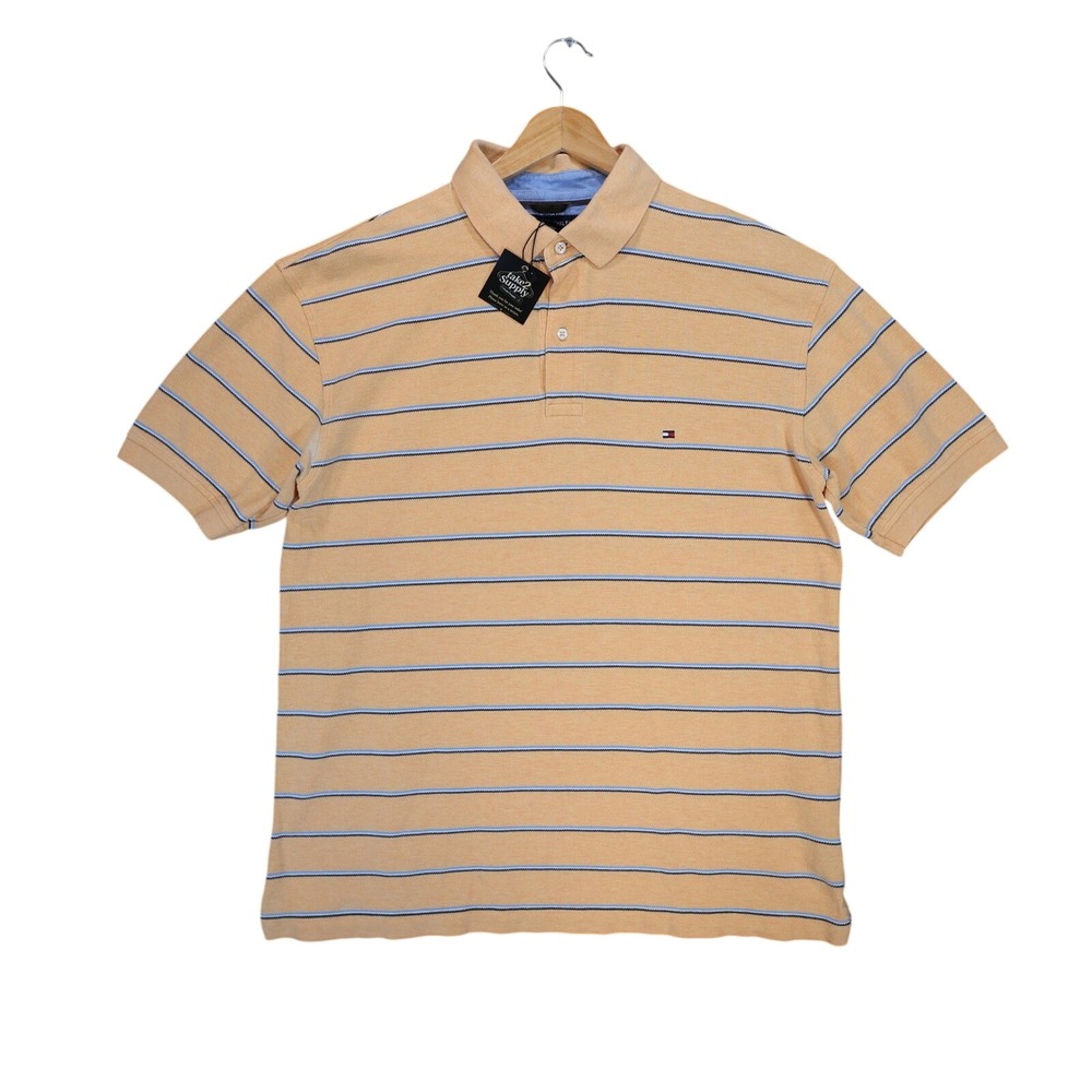 Tommy Hilfiger Polo Shirt Mens Large Yellow Excellent Striped Pique Short Sleeve